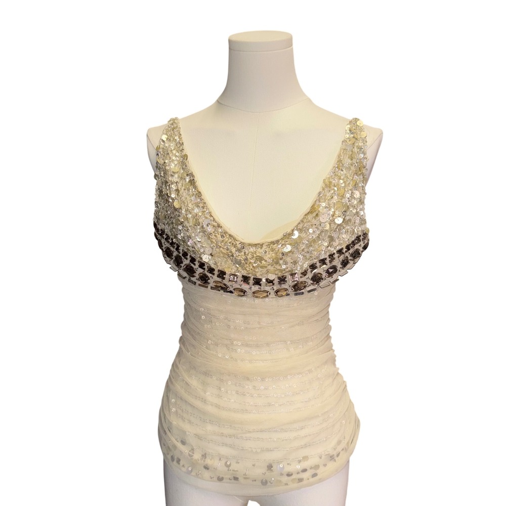 Cream Sequin Rhinestone Embellished Mesh Ruched Cowl Neck Sleeveless Top